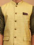Vastramay Men's Yellow Jacquard Nehru Jacket with Kurta Pyjama Set